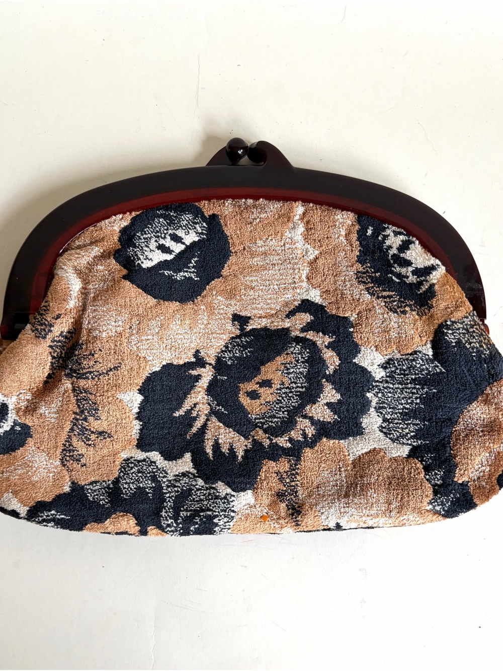 Vintage Floral Frame Clutch in Tan and Black-Unused